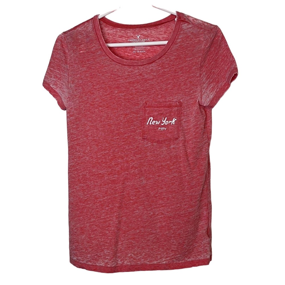 American Eagle Pink T-Shirt, X-Small, NYC Front Pocket, Round Neck, Short Sleeve